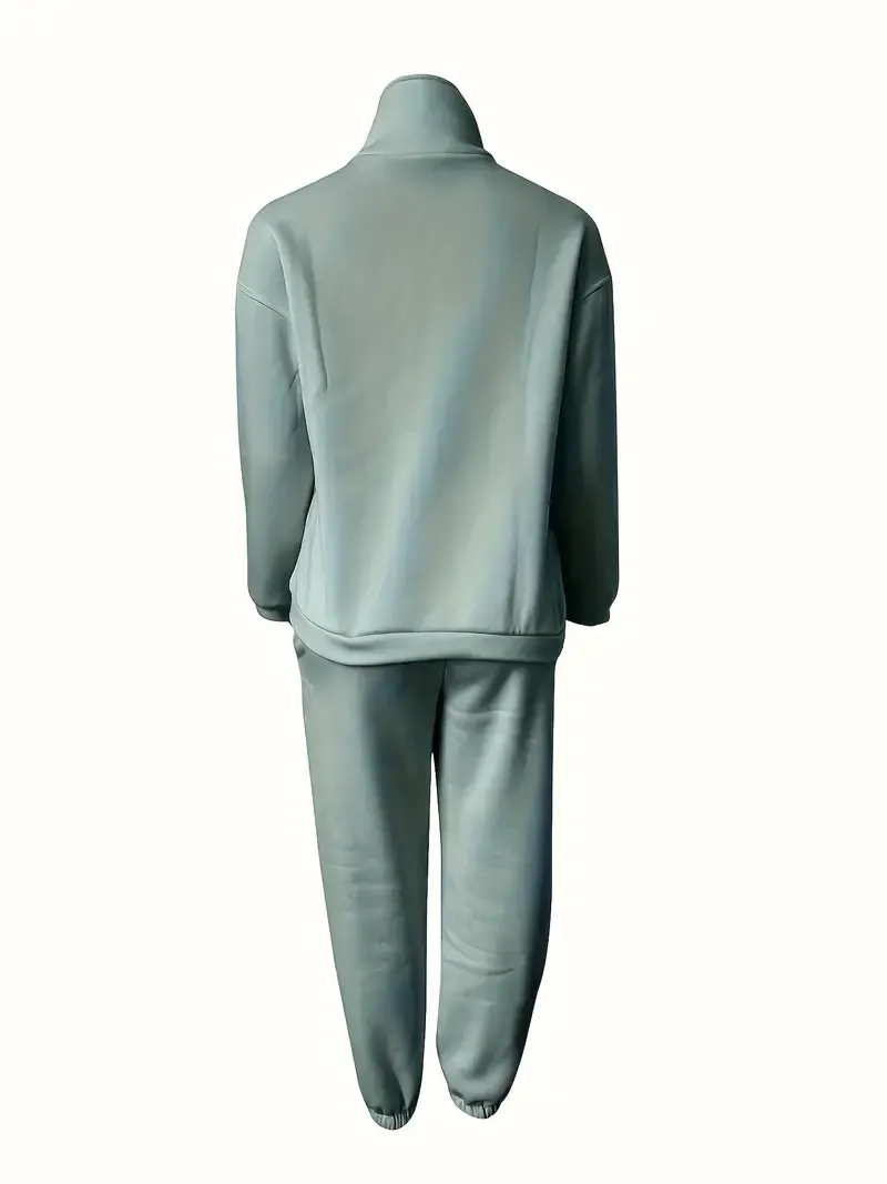 Two-Piece Solid Color Casual Outfit - High Neck Zip Front Long Sleeve Sweatshirt & Elastic Waist Pants