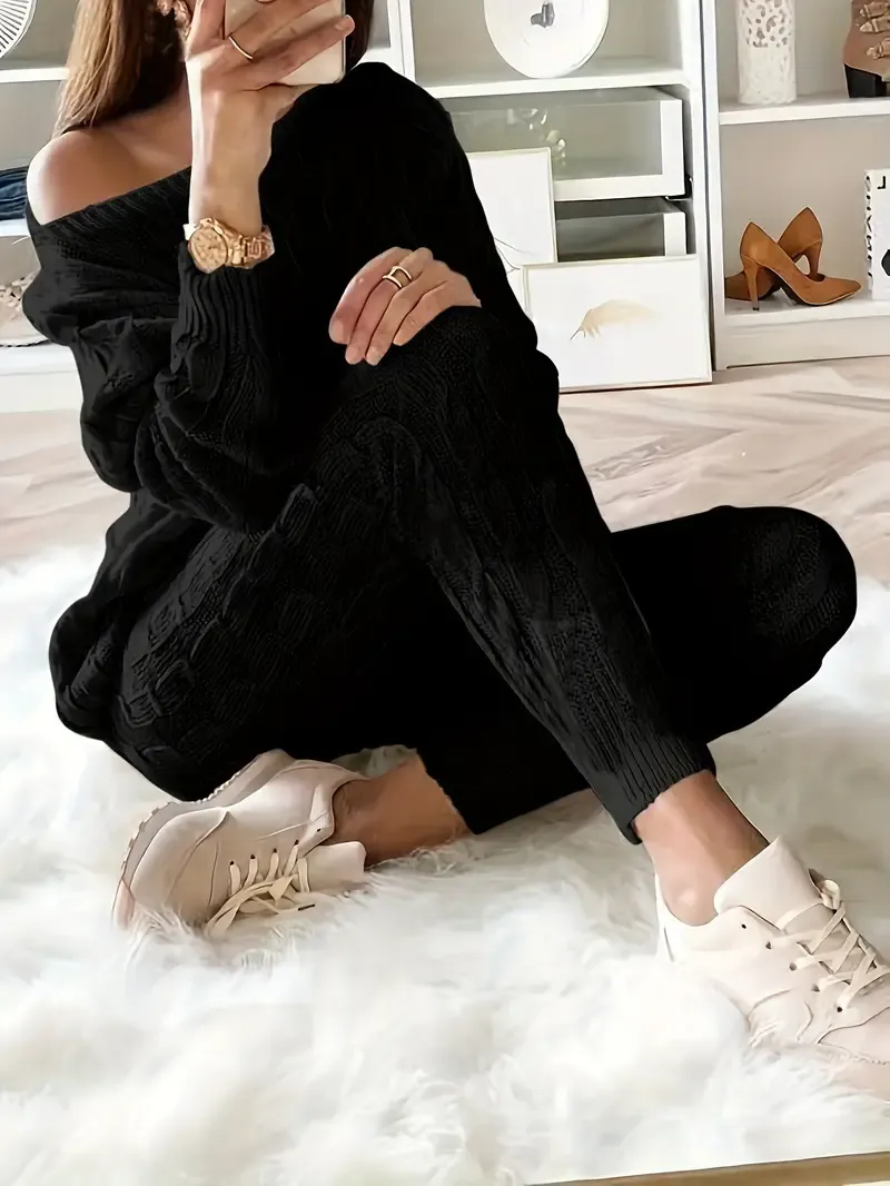 Solid Knitted Matching Two-piece Set, Casual Long Sleeve Sweater & Pants Outfits, Women's Clothing