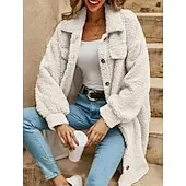Women's Sherpa Jacket Comfortable Breathable Pocket Buttons Casual Plain Vacation Street Casual Daily Wear Single Breasted Long Turndown Loose Fit Long Sleeve Outerwear Black White Red Spring Fall