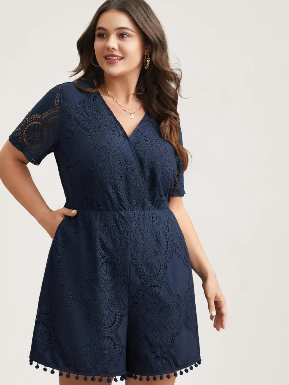 Lace Sleeve Stretchy Waist Pockets Romper