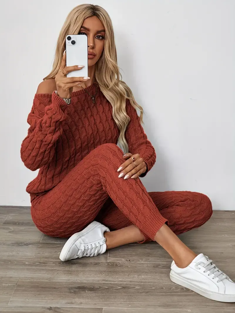 Solid Knitted Matching Two-piece Set, Casual Long Sleeve Sweater & Pants Outfits, Women's Clothing