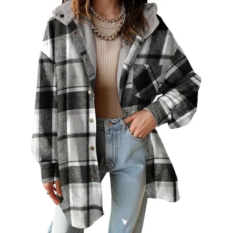 Flannel Hooded Plaid Shacket - Button-Down Thick Fleece-Lined Fuzzy Winter Coat