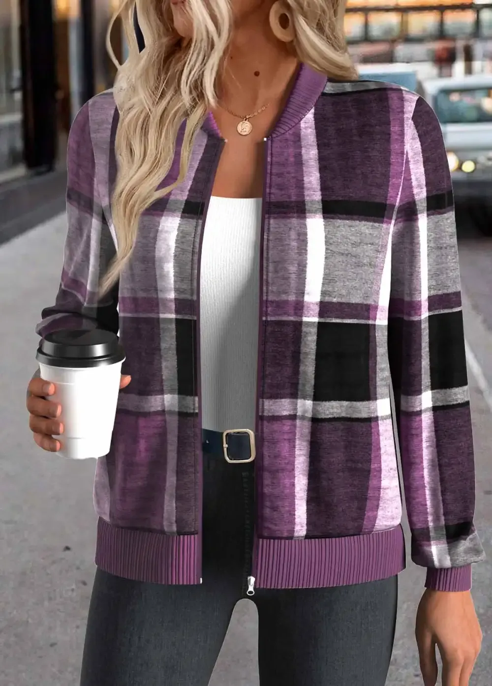 Purple Zipper Plaid Long Sleeve Stand Collar Jacket
