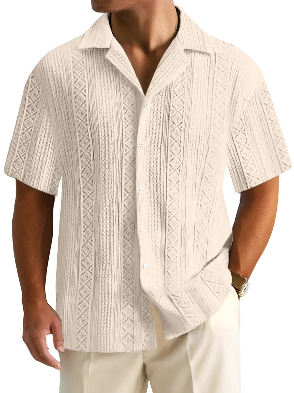 Men's Everyday Solid Color Textured Short-sleeved Cuban Collar Shirt
