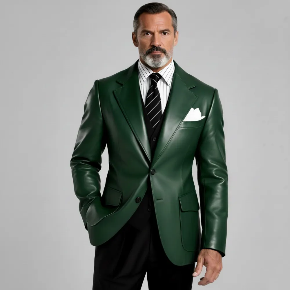 Men's Dark Green PU Leather Notched Lapel Single Breasted Flap Pockets Long Sleeve Blazer