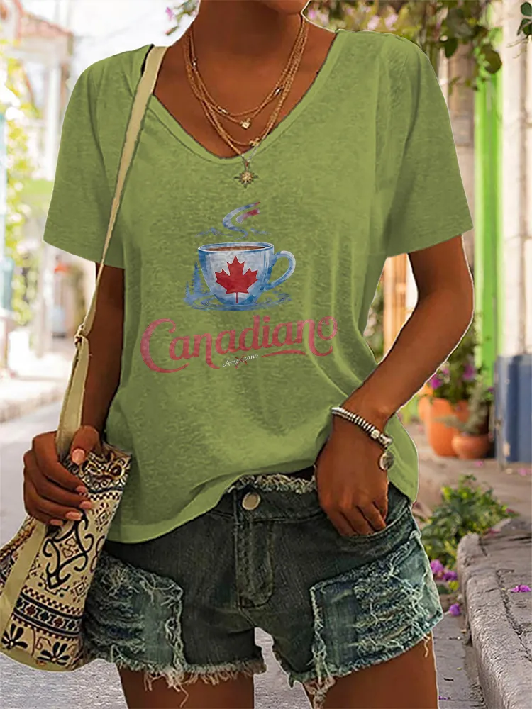 Canadian Printed V-Neck Short-Sleeved T-Shirt