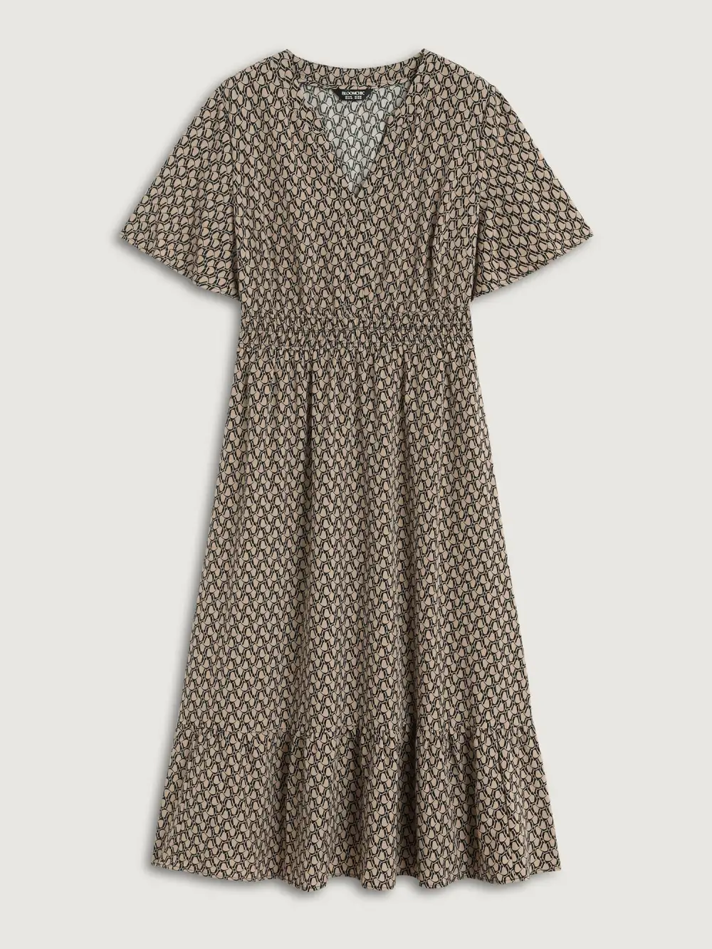 Geometric Print Waist-Cinched Tiered Midi Dress