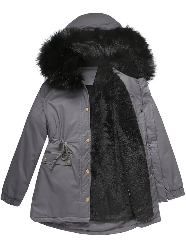 Women's Parka Fleece Puffer Jacket Winter Thicken Coat Warm Windproof Outerwear with Fur Collar Drawstring Zip up Stylish Casual Street Jacket with Pockets Long Sleeve Black Army Green Navy Blue