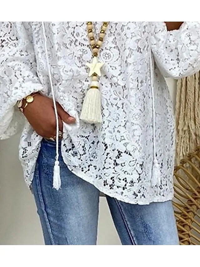 Women's Plus Size Lace Shirt Blouse Floral Daily Vacation Going out White Lace Long Sleeve Elegant Streetwear Casual V Neck Regular Fit Spring Fall Winter