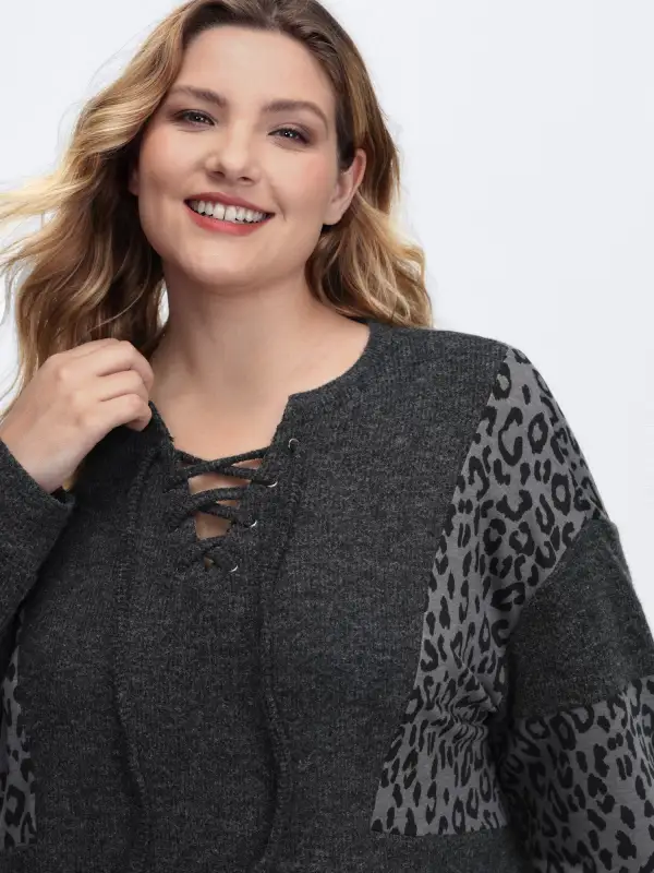 Leopard Print Patchwork Cross-Tie Neckline Sweatshirt