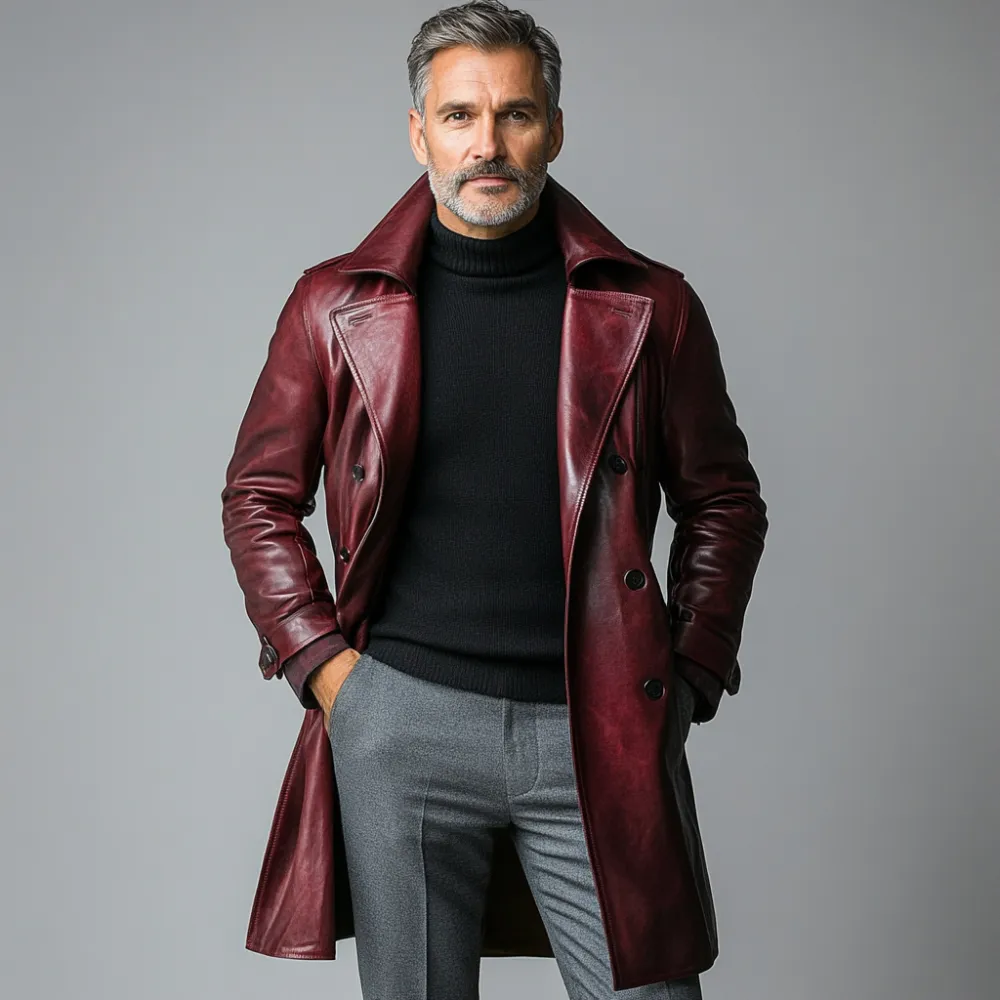 Men's Retro Lapel Double-breasted Long Sleeve PU Leather Overcoat
