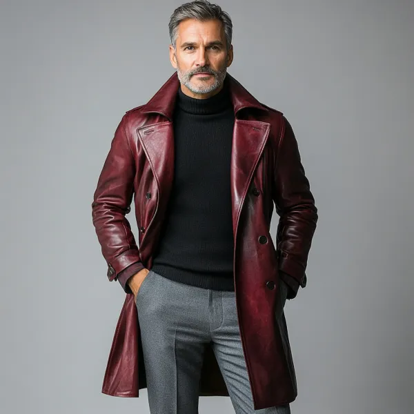 Men's Retro Lapel Double-breasted Long Sleeve PU Leather Overcoat