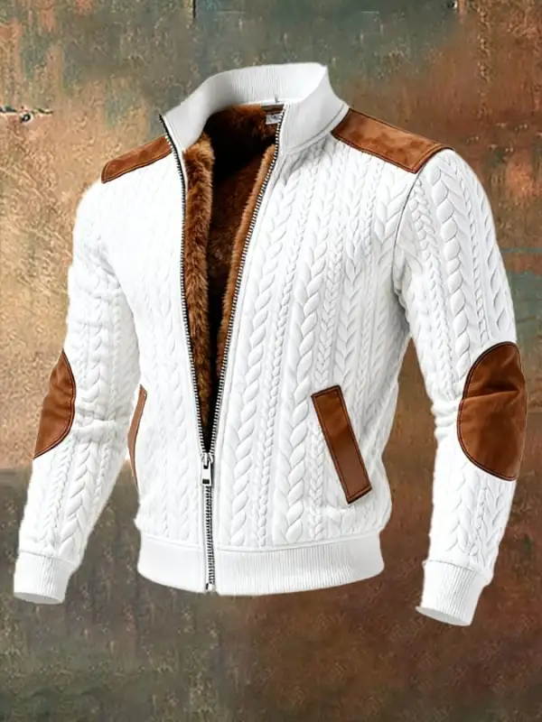 Men's Retro Texture Knitted Jacquard Warm Multi-Pocket Outdoor Jacket