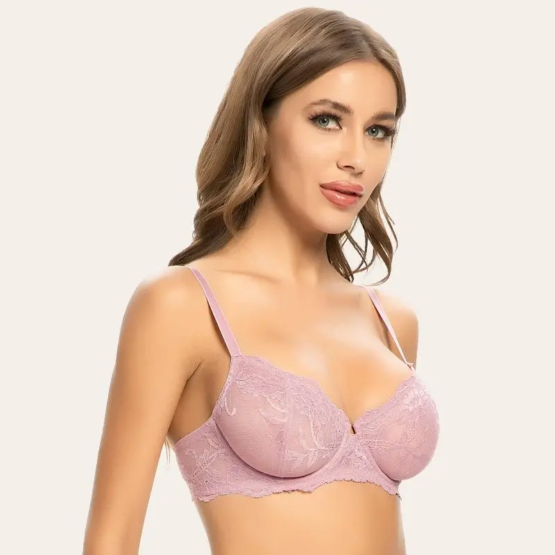 Light Purple Eyelash Lace Demi Bra Sexy Sheer Lace Balconette Bra Daily Wear