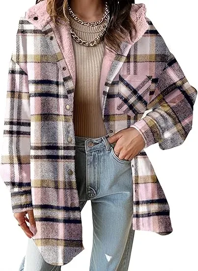 Flannel Hooded Plaid Shacket - Button-Down Thick Fleece-Lined Fuzzy Winter Coat