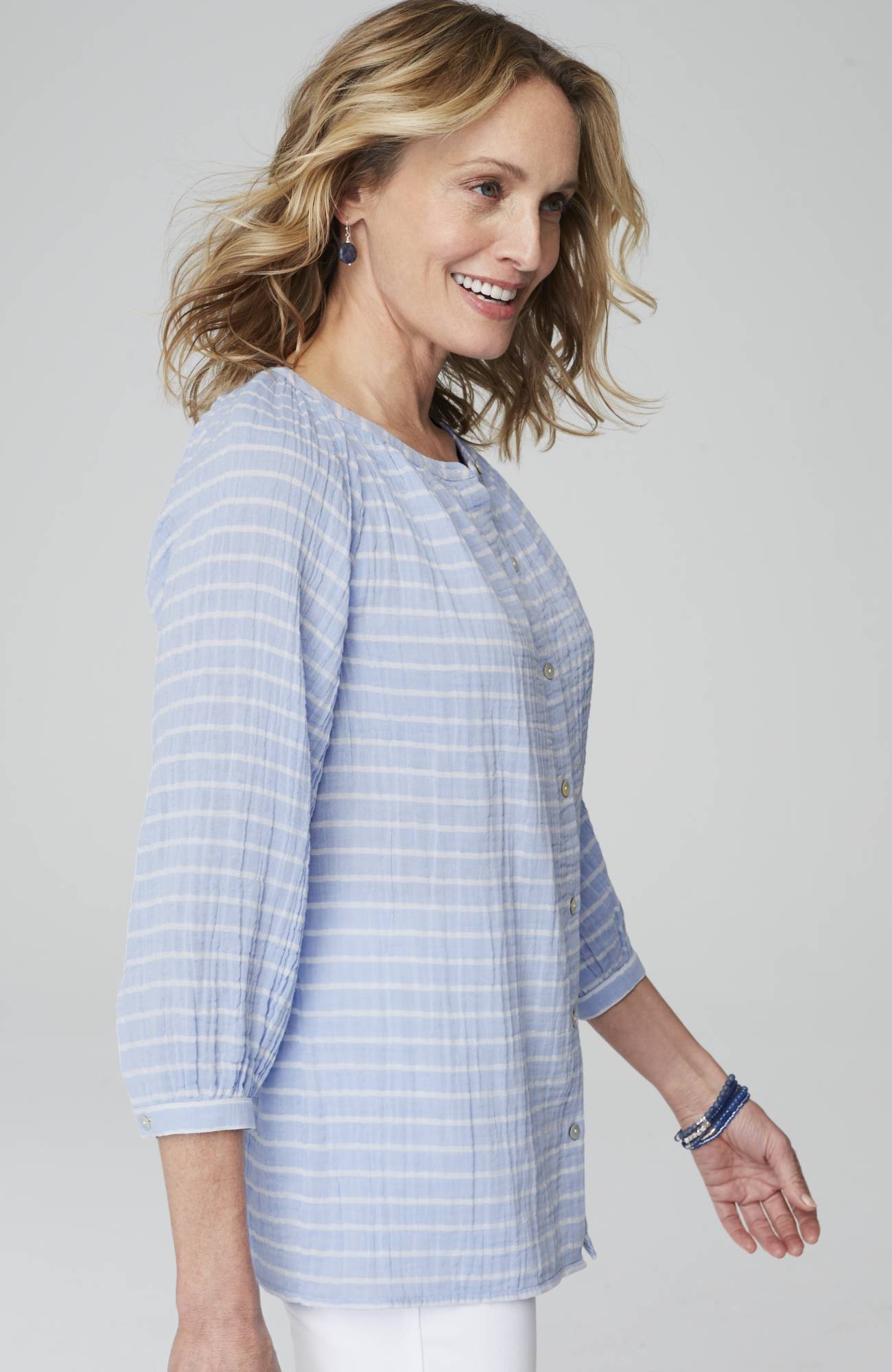 Cotton-Gauze Striped Button-Front Top