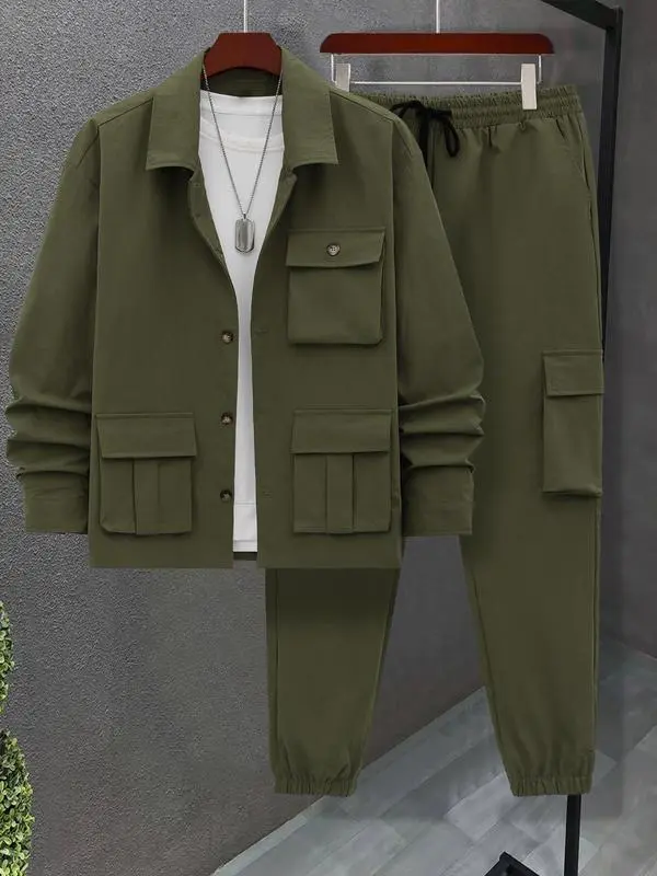 Men's Solid Color Pocket Button Front Jackets & Pants Two-Piece Set
