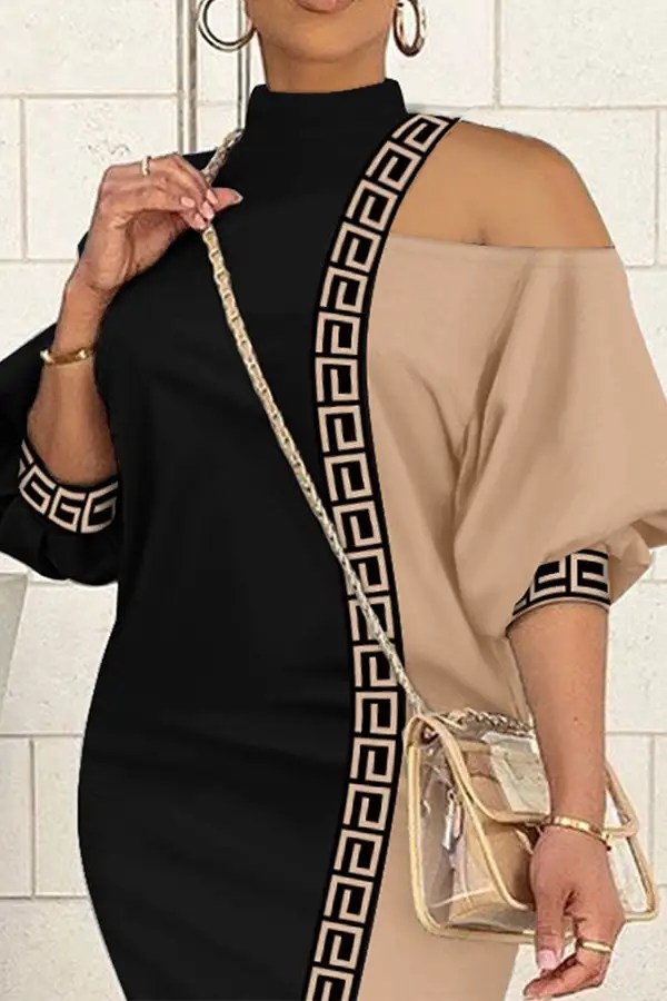Hit Color Patchwork Modern Cold Shoulder Midi Dress