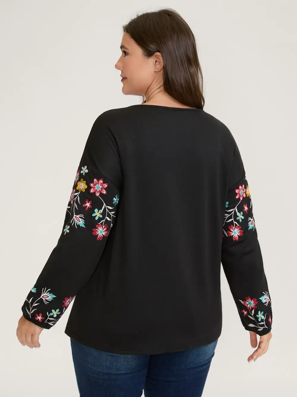 Floral Embroidery Mesh V-Neck Sweatshirt