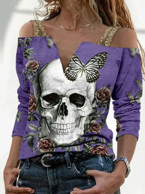 Women's T-Shirts V-Neck Skull Print Suspender Long Sleeve T-Shirt（⚡Clearance Sale）