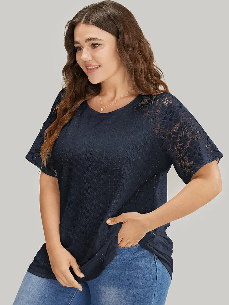 Solid Broderie Anglaise Lace Raglan Sleeve T-shirt