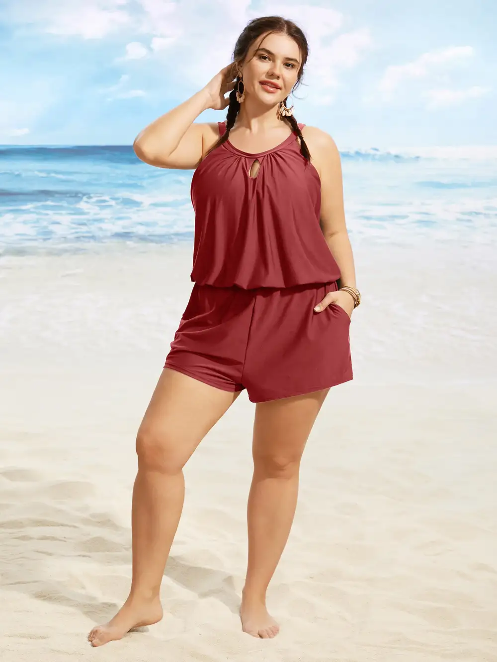 Solid Keyhole Elastic Waist Gathered One Piece Swimsuit