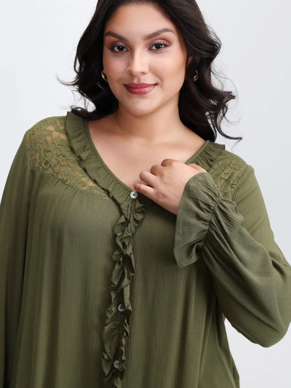 Lace Trim Ruffled Edge Button Blouse