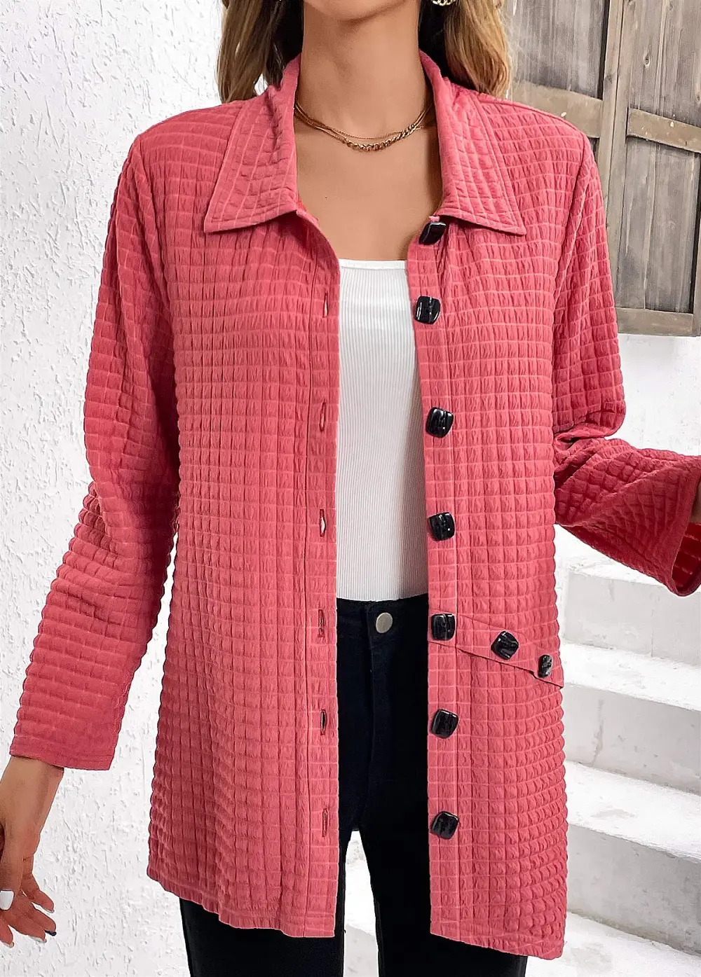 Coral Button Long Sleeve Shirt Collar Blouse
