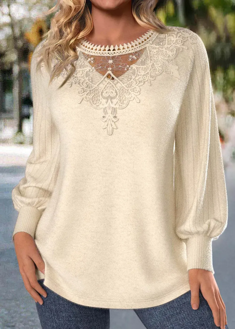 Beige Embroidery Long Sleeve Round Neck T Shirt