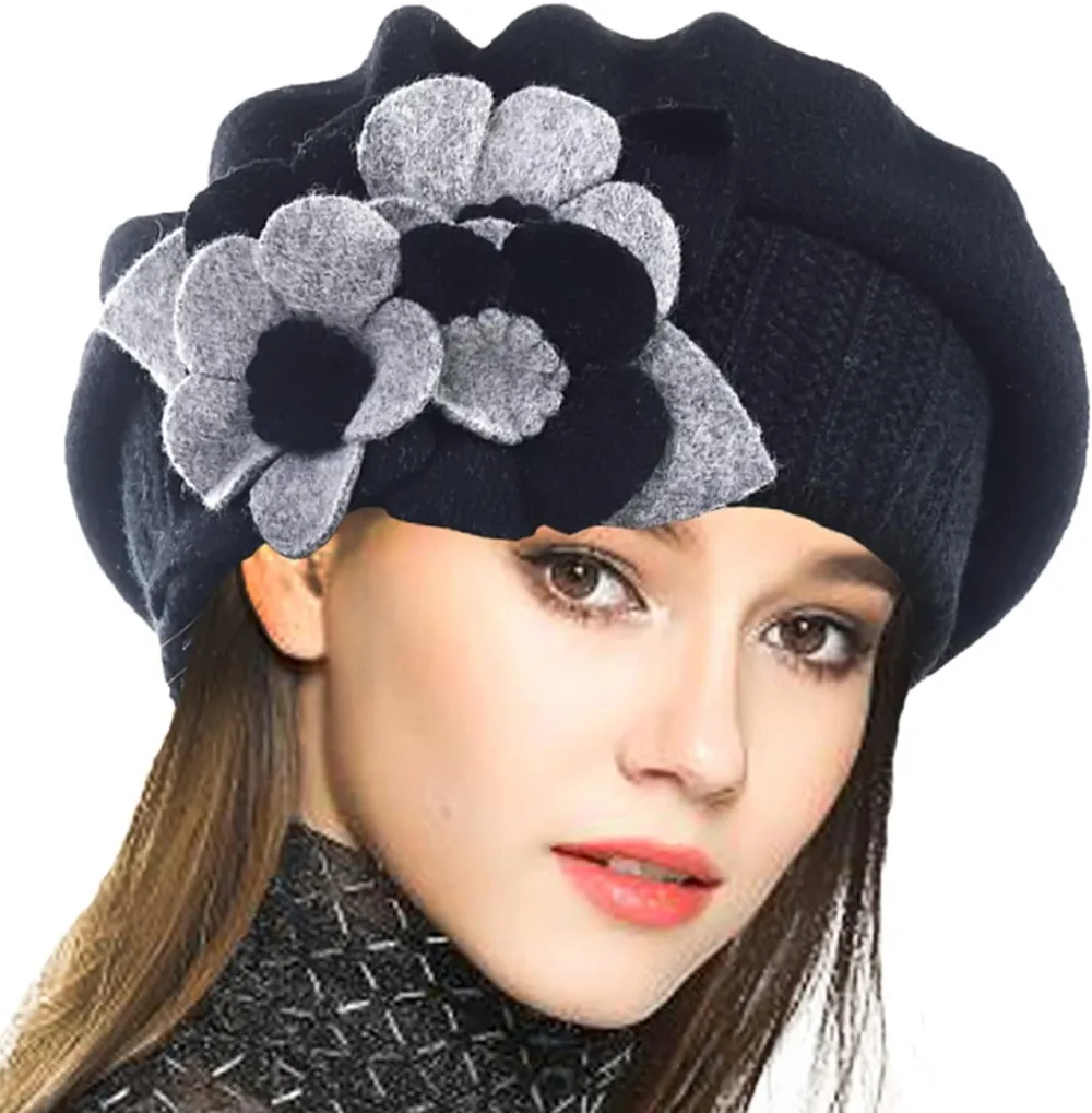 Lady French Beret 100% Wool Beret Floral Dress Beanie Winter Hat