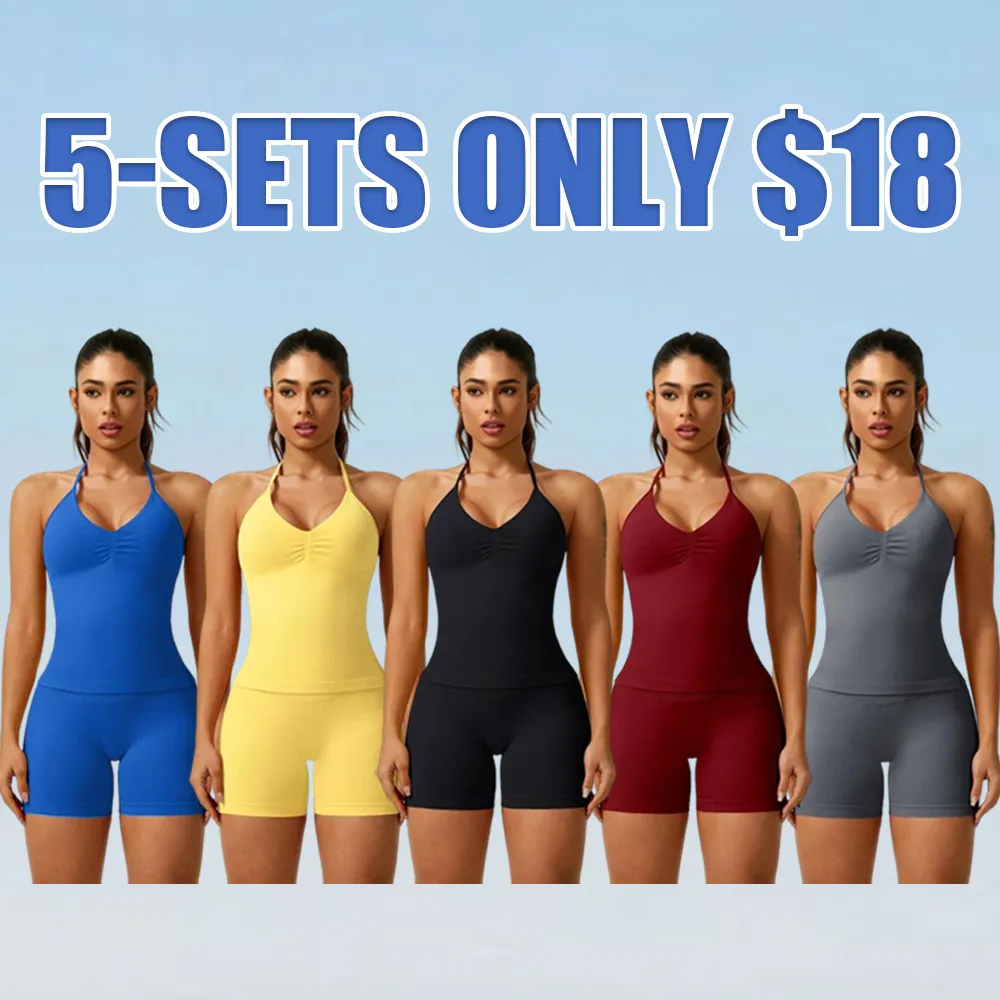 Women's Ruched Backless Halter Top & High Waist Shorts Tracksuit Set