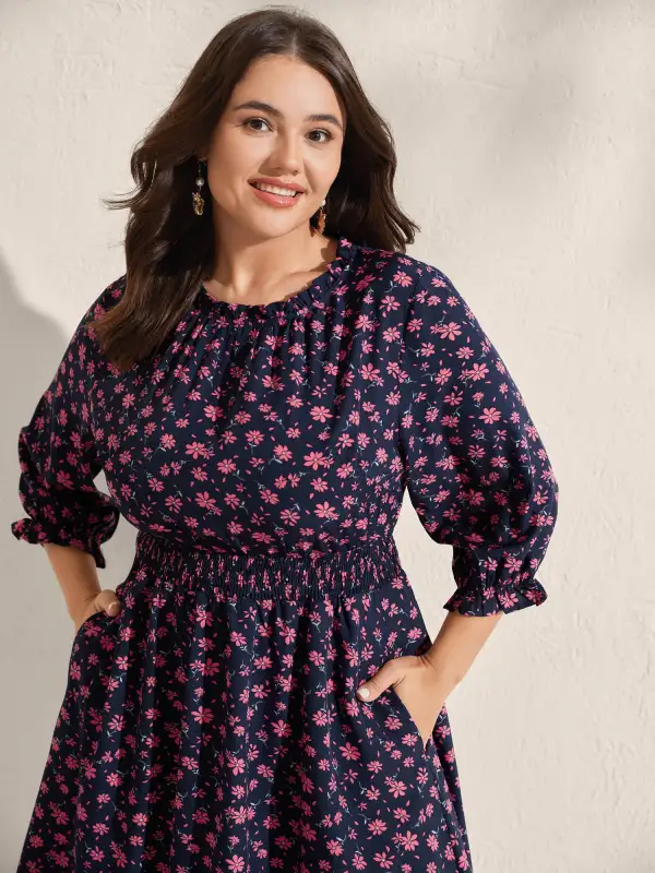 Floral Shirred Waist-Defining Pockets Midi Dress