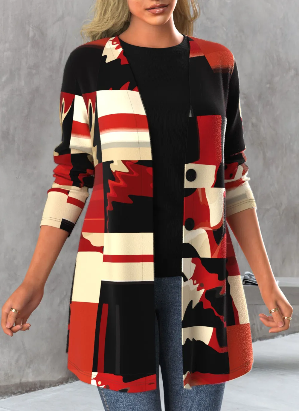 Black Button Contrast Color Long Sleeve Cardigan