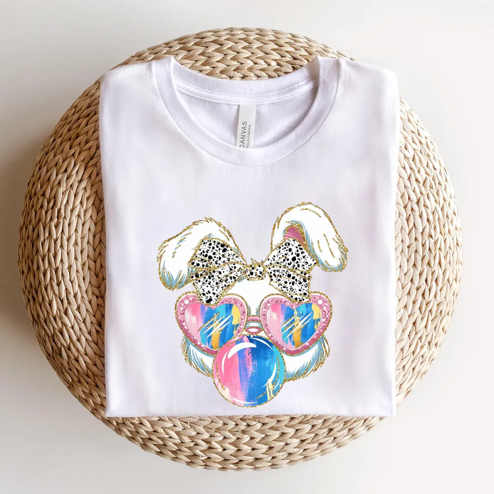 Easter Colorful Bunny Blowing Bubbles Printed Round Neck Short Sleeve T-Shirt