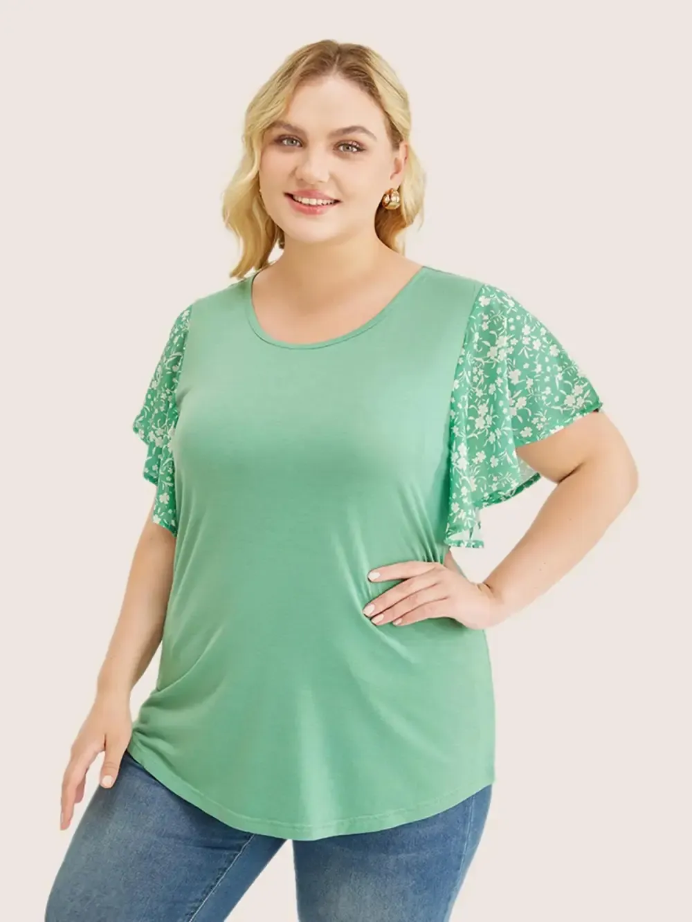 Ditsy Floral Ruffle Sleeve Round Neck T-shirt