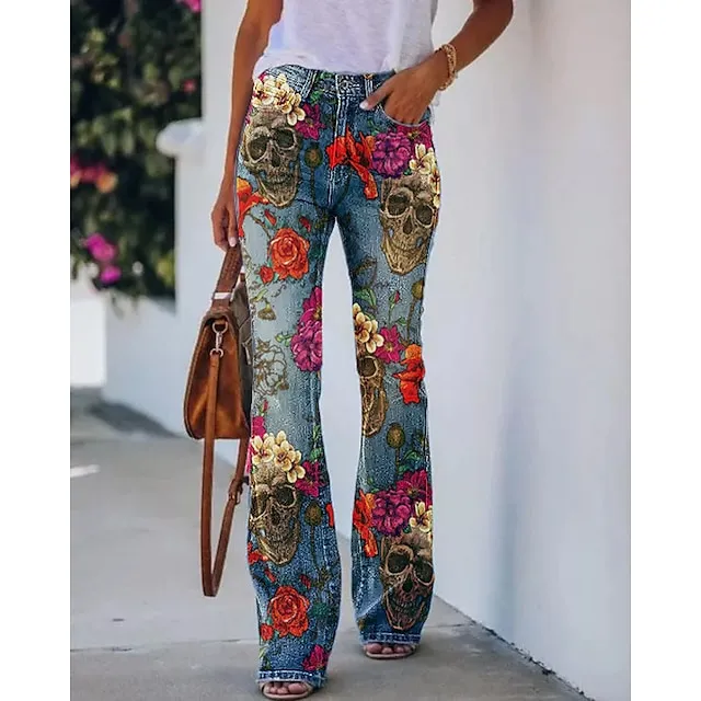 Women's Jeans Flared Pants Bell Bottom Full Length Faux Denim Side Pockets Print Micro-elastic Fashion Halloween Weekend Blue Red & White S M