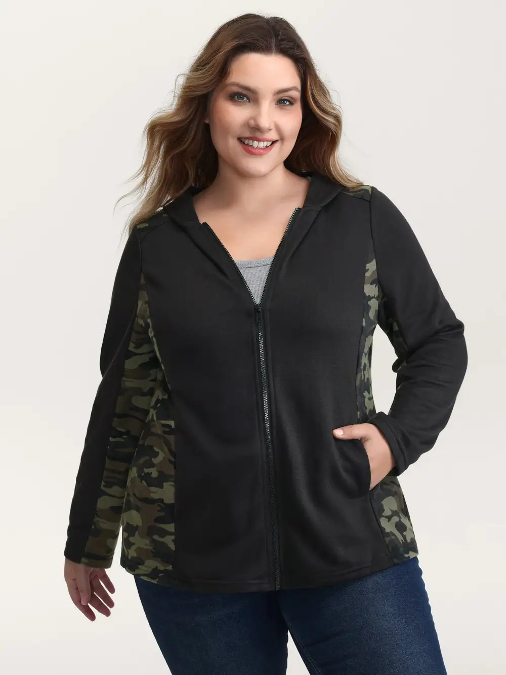 Camouflage Print Contrast Zipper Jacket