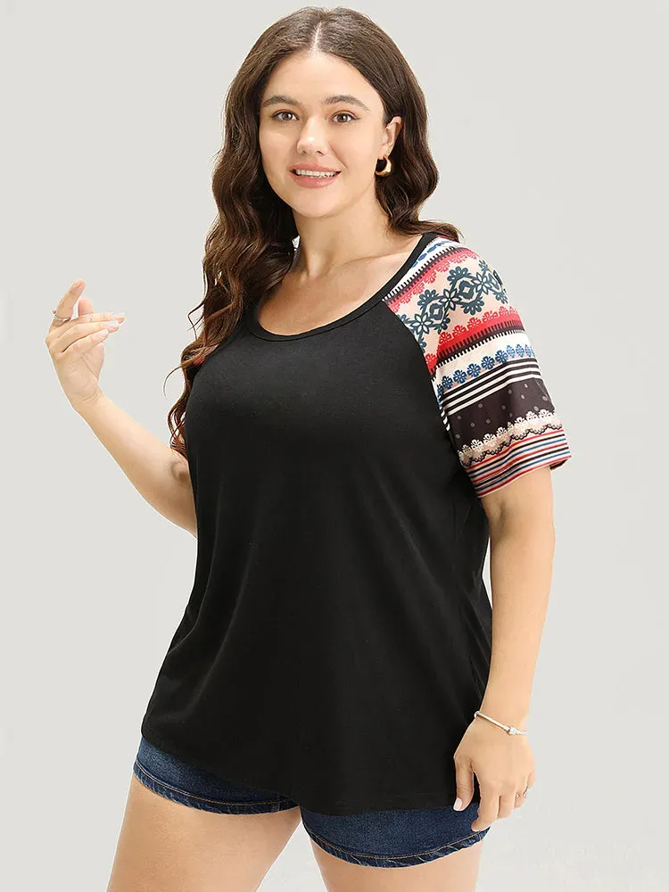 Striped Contrast Raglan Sleeve Round Neck T-shirt
