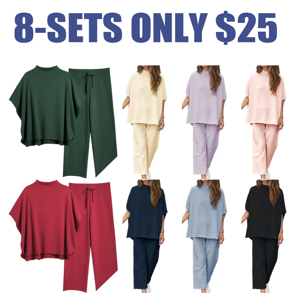 Women’s 2-Piece Lounge Set, Batwing Sleeve Pullover Top & Wide Leg Pants, Travel Outfit