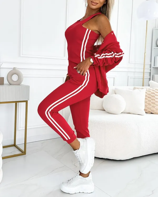 3 Piece Outfits Matching Sets Striped Tape Patch Tank Tops Button Front Jacket Cuffed Pants with Pockets Tracksuit
