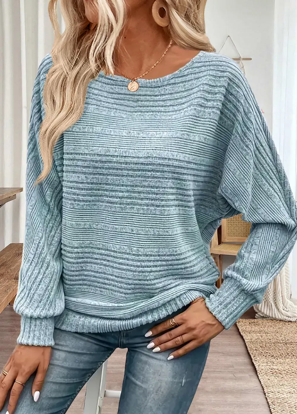 Dusty Blue Long Sleeve Round Neck T Shirt