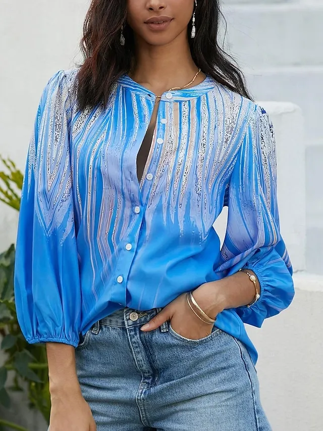 Women's Shirt Blouse Graphic Button Print Casual Fashion Long Sleeve Standing Collar Blue Spring &  Fall