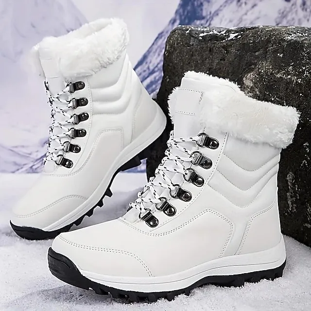 Women's Boots Snow Boots Plus Size Daily Fleece Lined Booties Ankle Boots Winter Flat Heel Round Toe Casual Comfort PU Elastic Band Solid Color Wine Black White