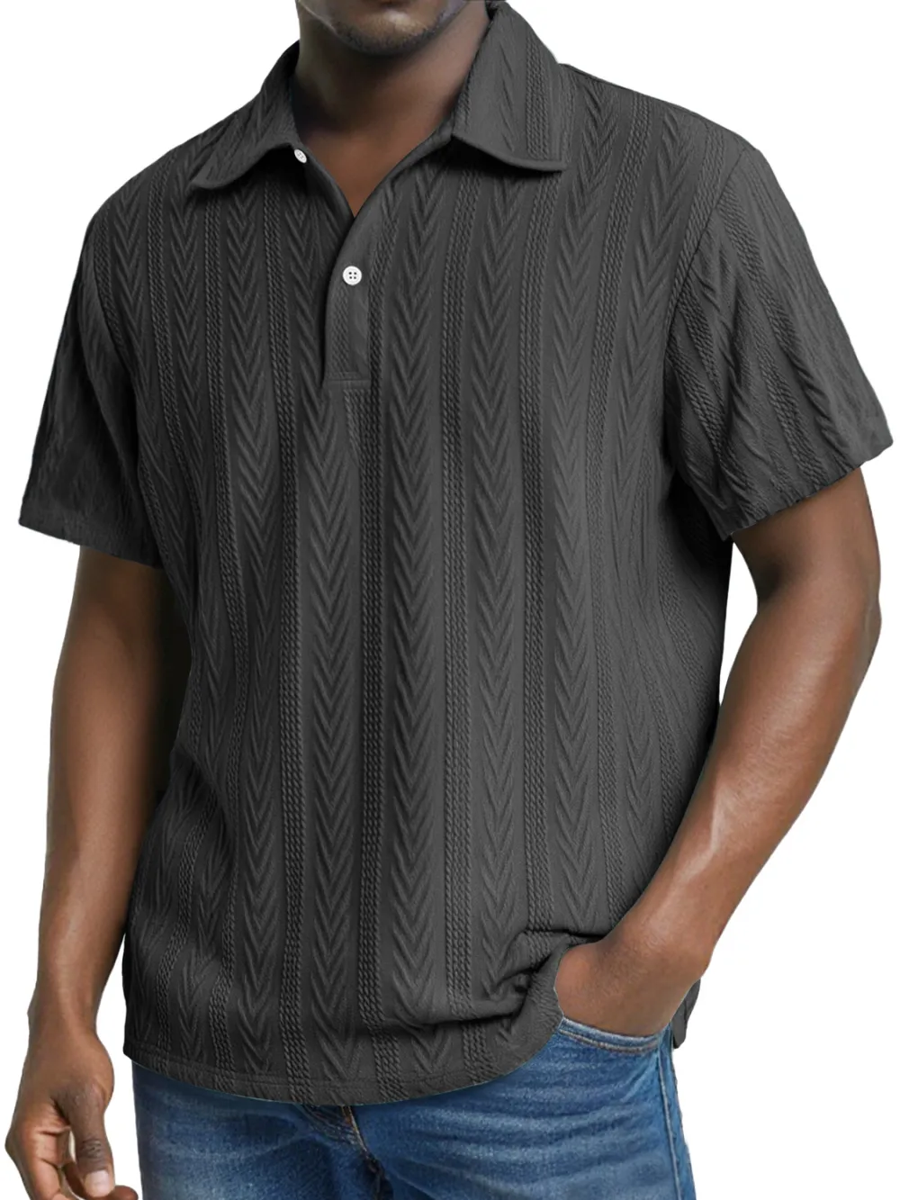 Men's Daily Jacquard Texture Casual Lapel Button Short-sleeved Polo Shirt