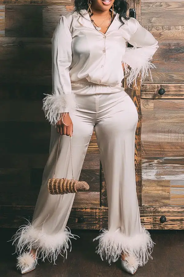Feather Patchwork Casual Pant Set