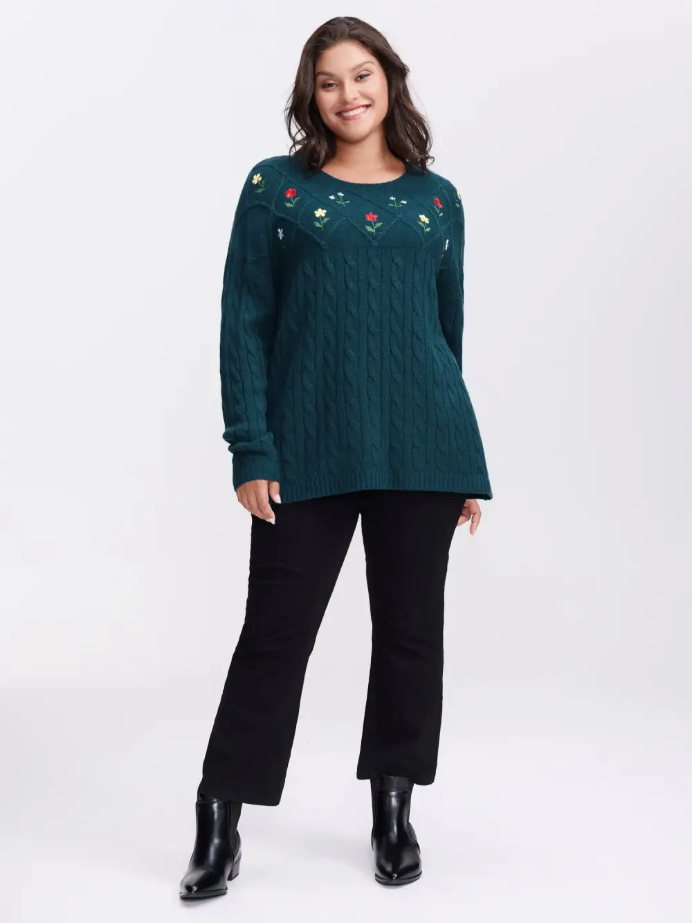 Floral Embroidered Cable Knit Pullover