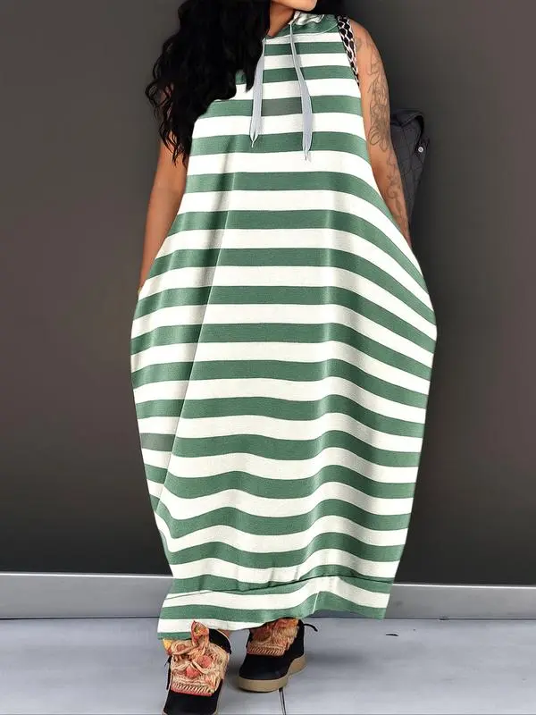 Women's Hooded Tank Maxi Dress – Sleeveless, Drawstring Waist, Pockets, Casual Summer Style