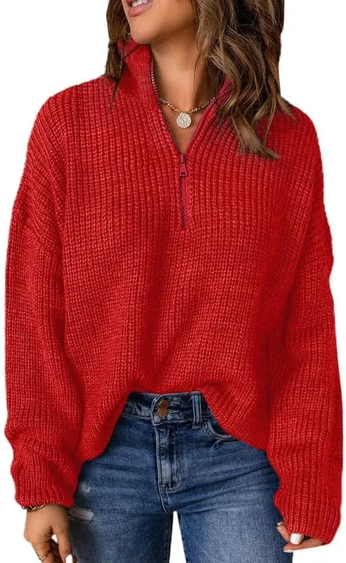Womens Sweaters Long Sleeve 1/4 Zip Pullover Polo V Neck Dressy Casual Tops
