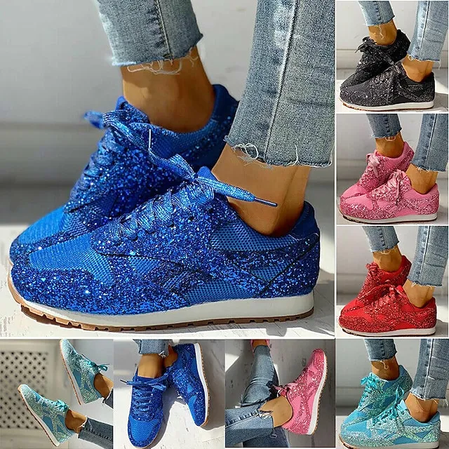 Women's Trainers Athletic Shoes Sneakers Sequins Plus Size Bling Bling Sneakers Outdoor Daily Summer Sequin Platform Flat Heel Round Toe Sporty Classic Casual Tennis Shoes Walking Mesh Lace-up Color