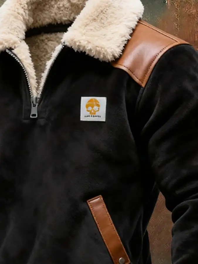 Men's Vintage Suede Leather Zipper Fur Collar Sweatshirt